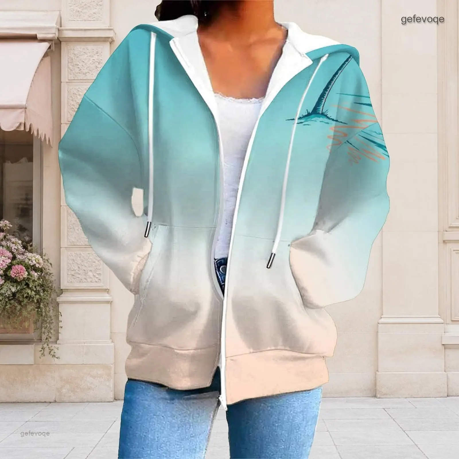 Women Palm Beach Printed Gradient Zip Up Long Sleeve Drawstring Hoodie with Pockets