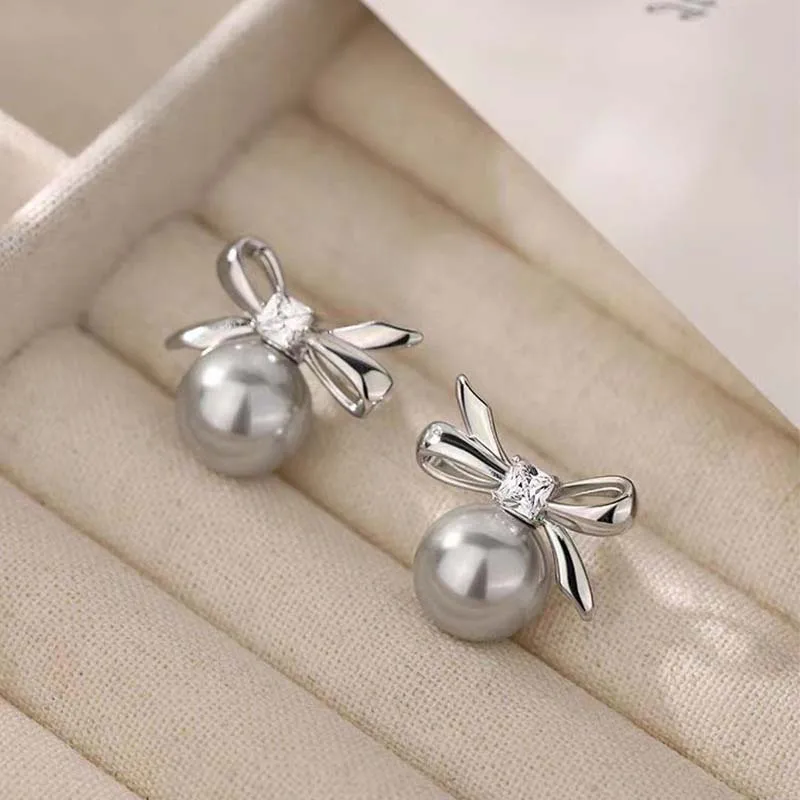 موضة فضية اللون الزركون اللؤلؤ Bowknot وأقراط للنساء الحد الأدنى لطيف اللؤلؤ مزاجه القرط مجوهرات الزفاف هدية #6