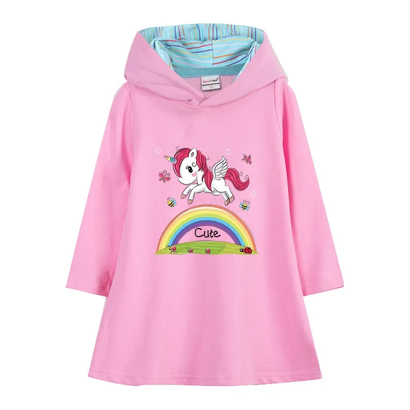 Unicorn Girls Dress Quality Cotton Autumn Fashion Clothing for Children Cartoon Pink Long Sleeve Kids Clothes Hooded Rainbow