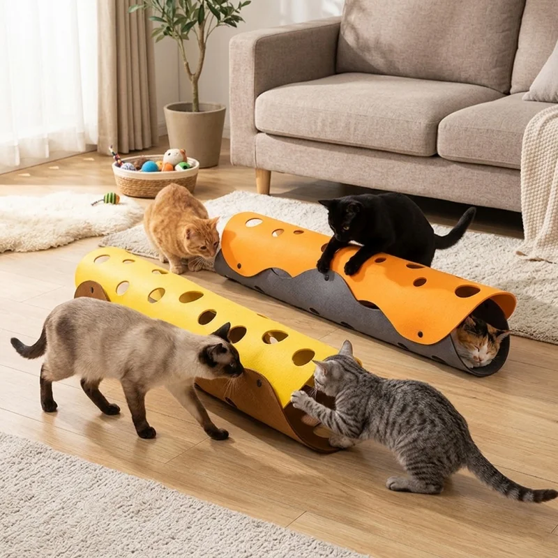 Collapsible Felt Cat Tunnel Interactive Play Tunnel with Cutout Holes Soft Hideaway Exploration Fun Easy Clean for Cats