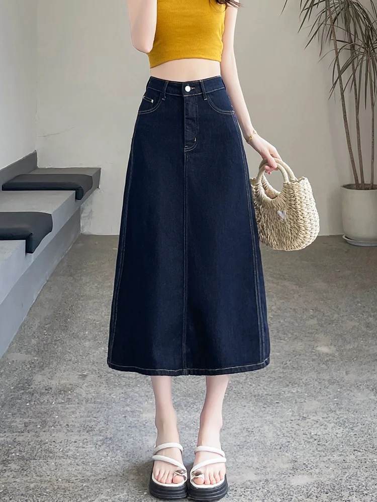 

High Waist A-Line Skirt Denim Blue Spring Summer Thin Elastic Cover Hip Korean Sle Commute Cotton Polyester Spandex