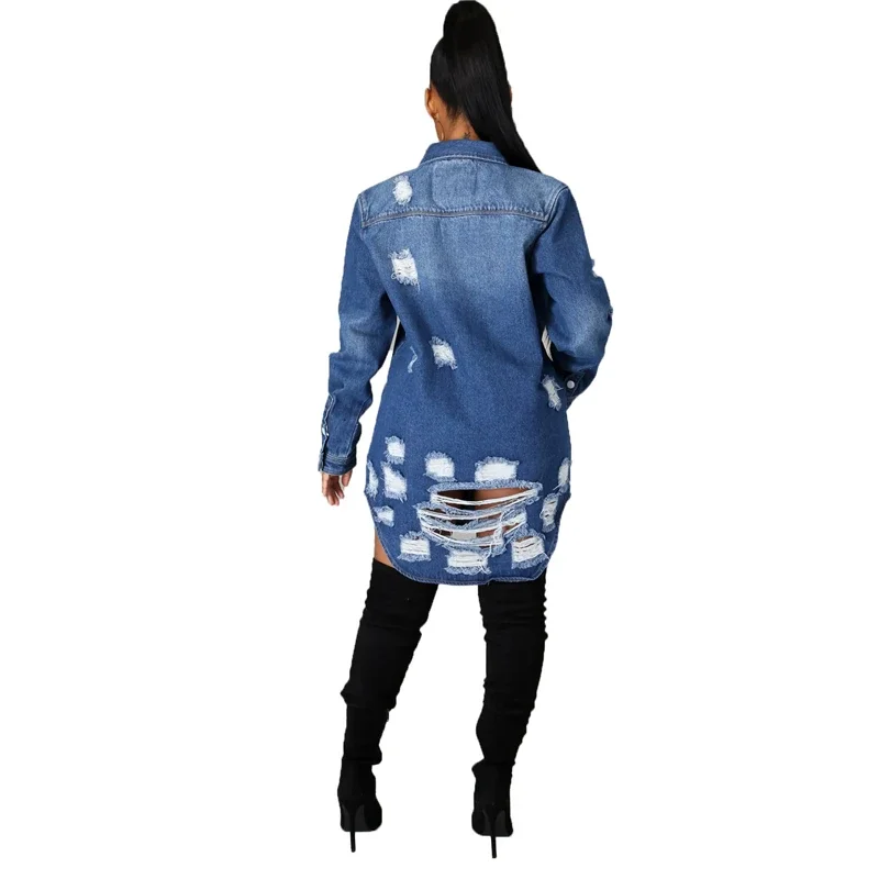 Plus Size Women Clothing Outwears 2023 Sexy Hole Cotton Long Sleeve Ripped Jean Jacket Women L-3XL Blue Denim Casual Loose Coat