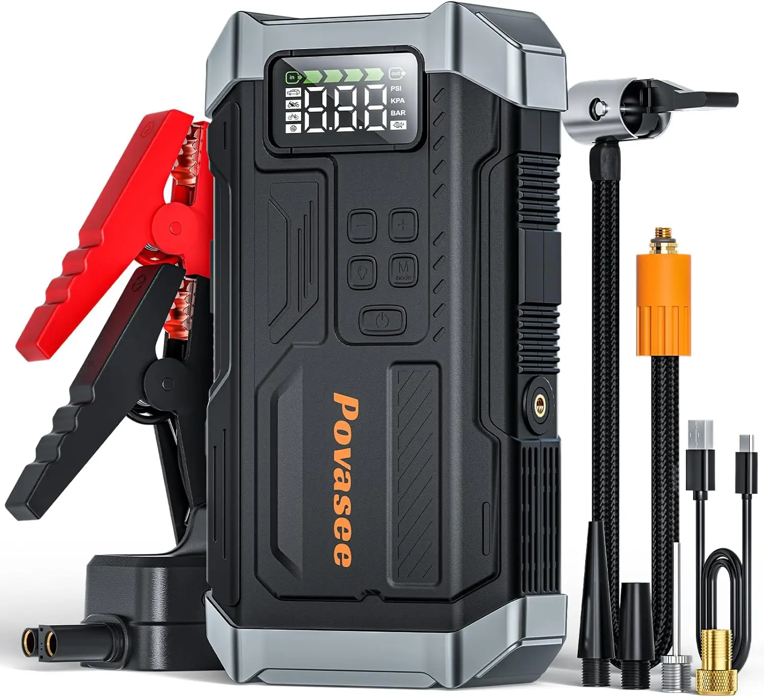 

2025 New 5000A Jump Starter with Air Compressor, 150PSI Tire Inflator for 12V Vehicles, LCD Display & Flashlight