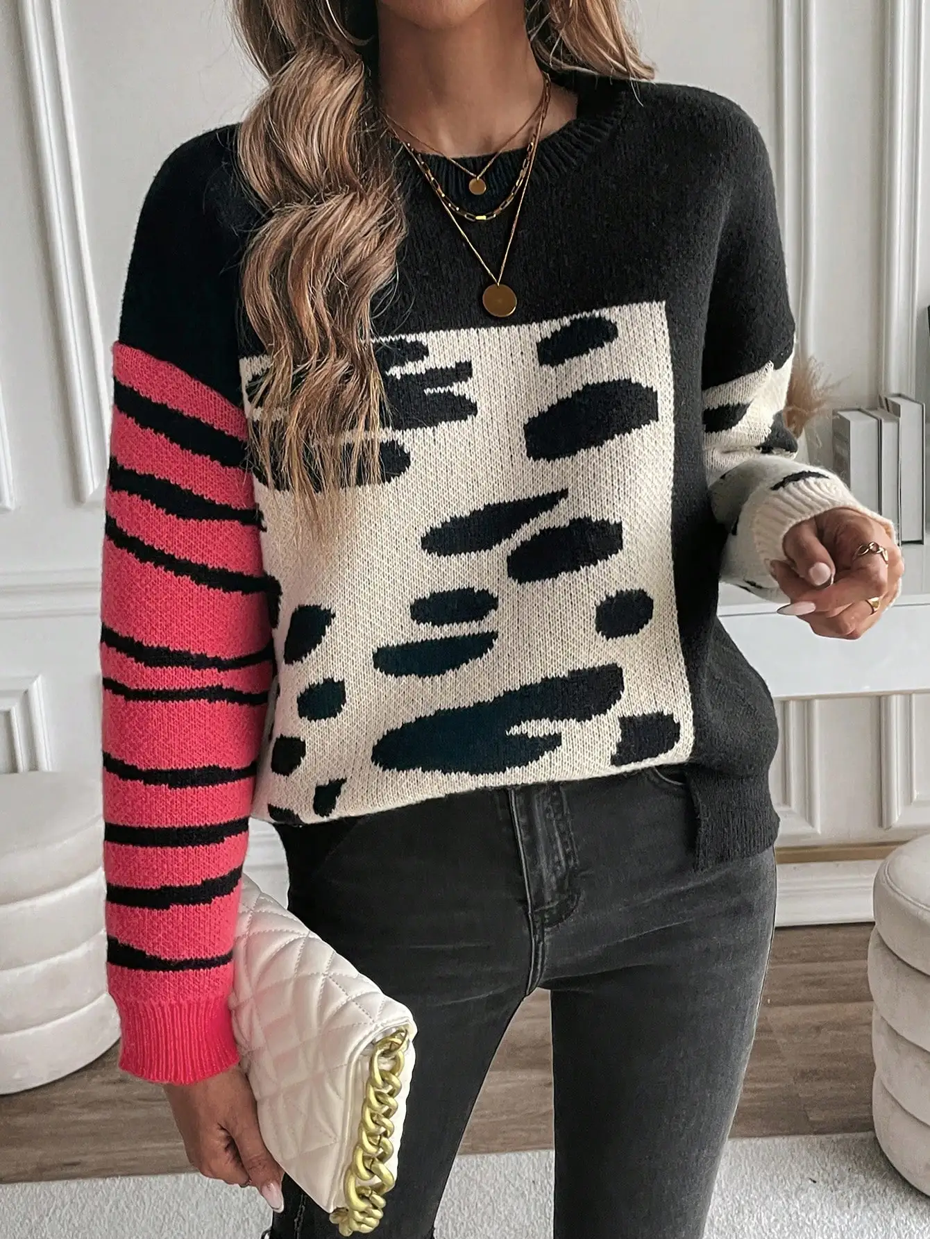 เสื้อสเวตเตอร์ลายสัตว์บล็อกสีสำหรับผู้หญิง แขนยาว คอกลม ทรงหลวม สไตล์ลำลอง ถักนิตติ้ง