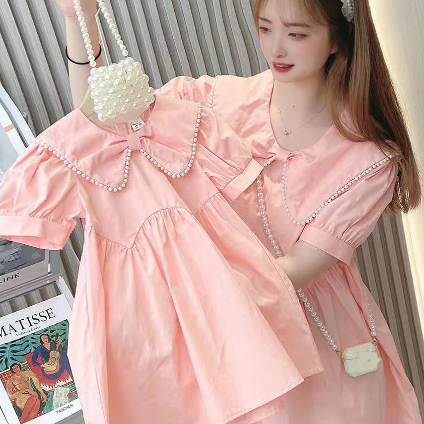 2022 Summer New  Mother Daughter Parent-Child Dress Little Girl Korean Style Pearl Solid Polo Dress Children Dresses For Girls