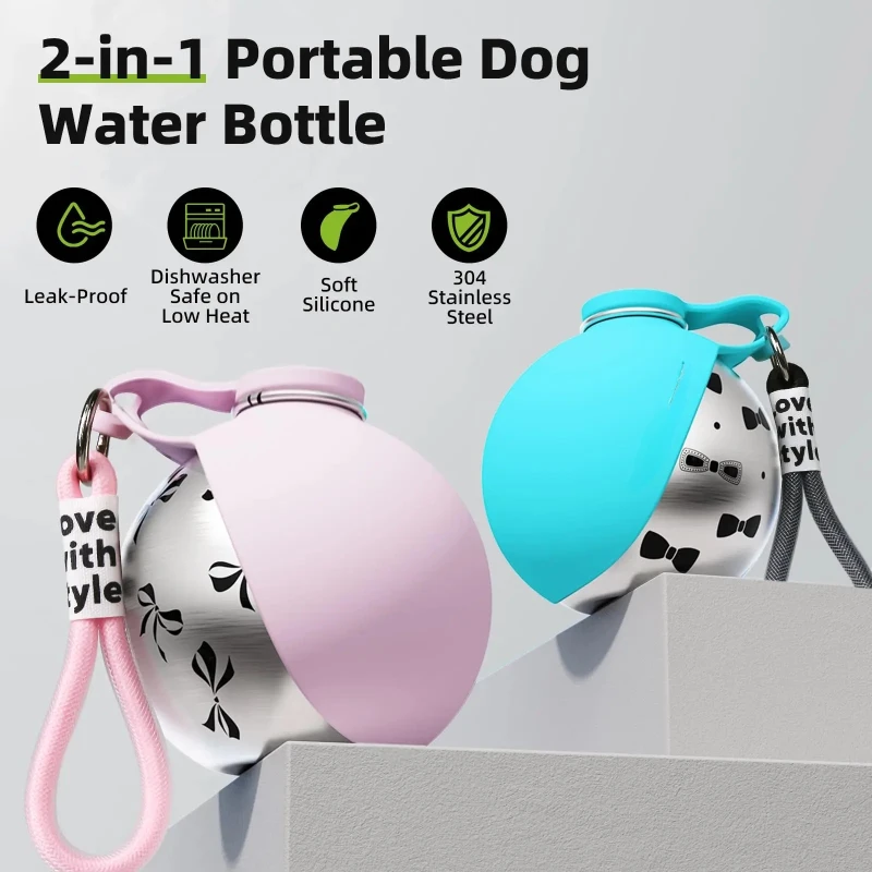 

2-in-1 Portable Dog Water Bottle for Small Dogs - Leak-Proof & Compact Dog Travel Water Bottle -Stainless Steel Bottle & Silicon