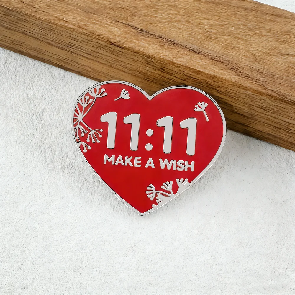 Lucky 11:11 Make a Wish Red Heart Enamel Pin Minimalist Floral Badge Positive Energy Brooch Clothing Accessory Friend Gift