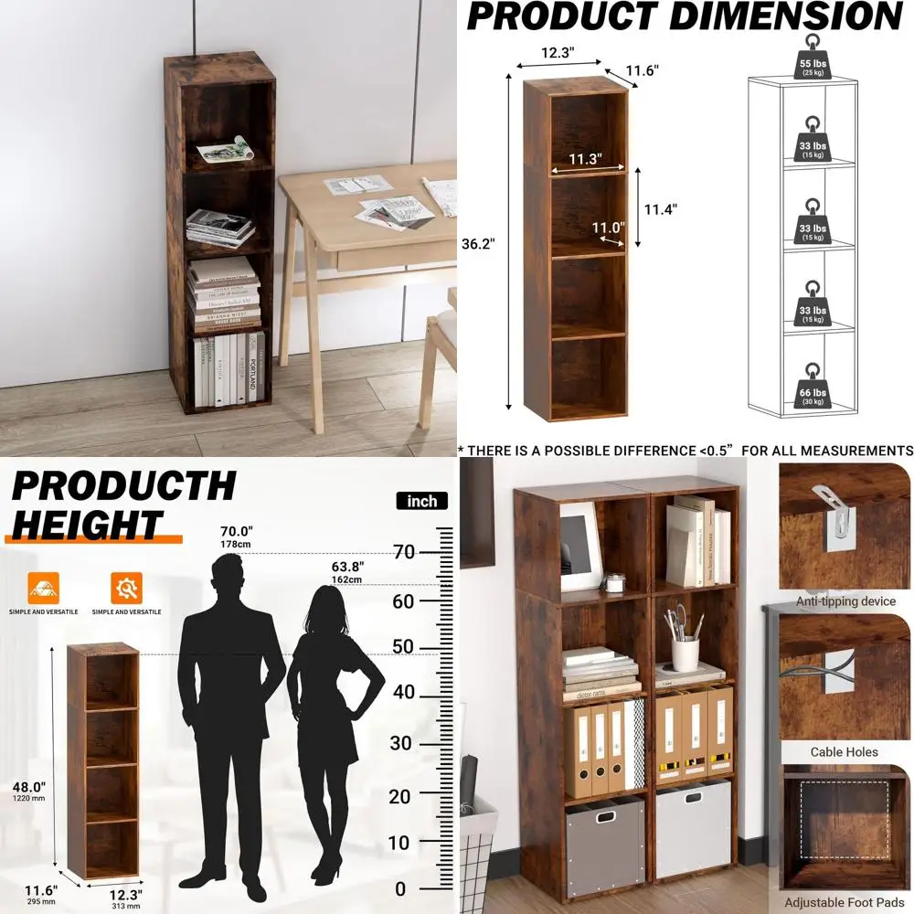 

4-Tier Retro Brown Cube Bookshelf, Open-Frame Storage Organizer for Home and Office