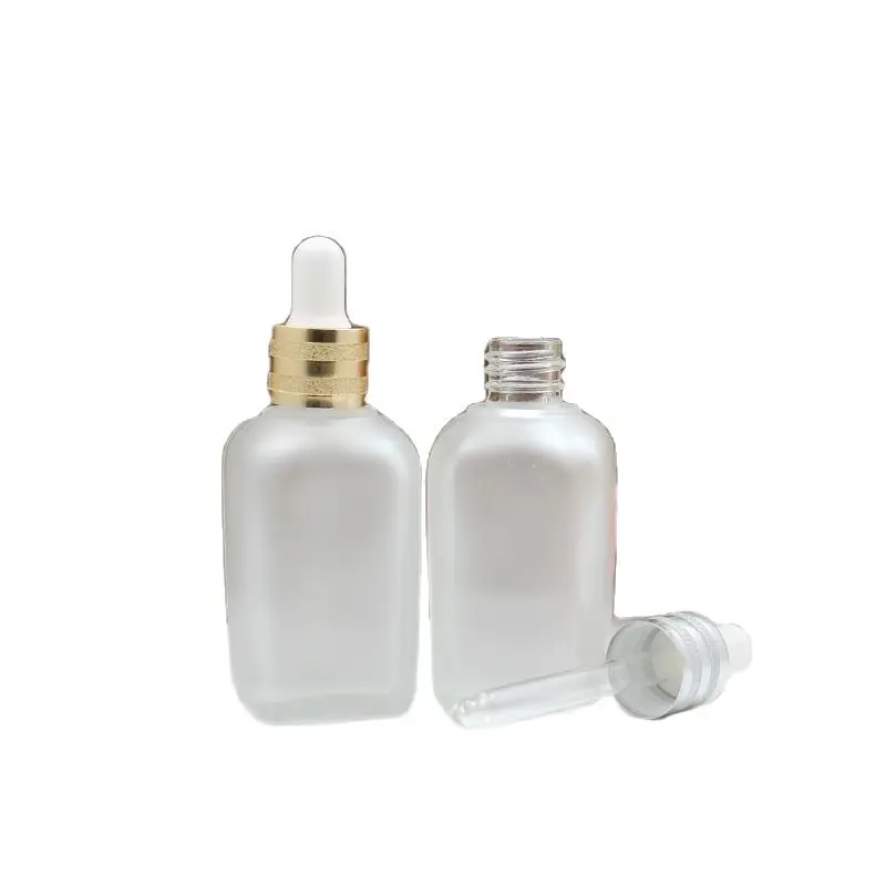 Square Frosted Glass Dropper Bottle Matte Serum Drop Massage Bottle Sand Gold/Silver Lid 50ML Essential Oil Pipette Bottle 15pcs