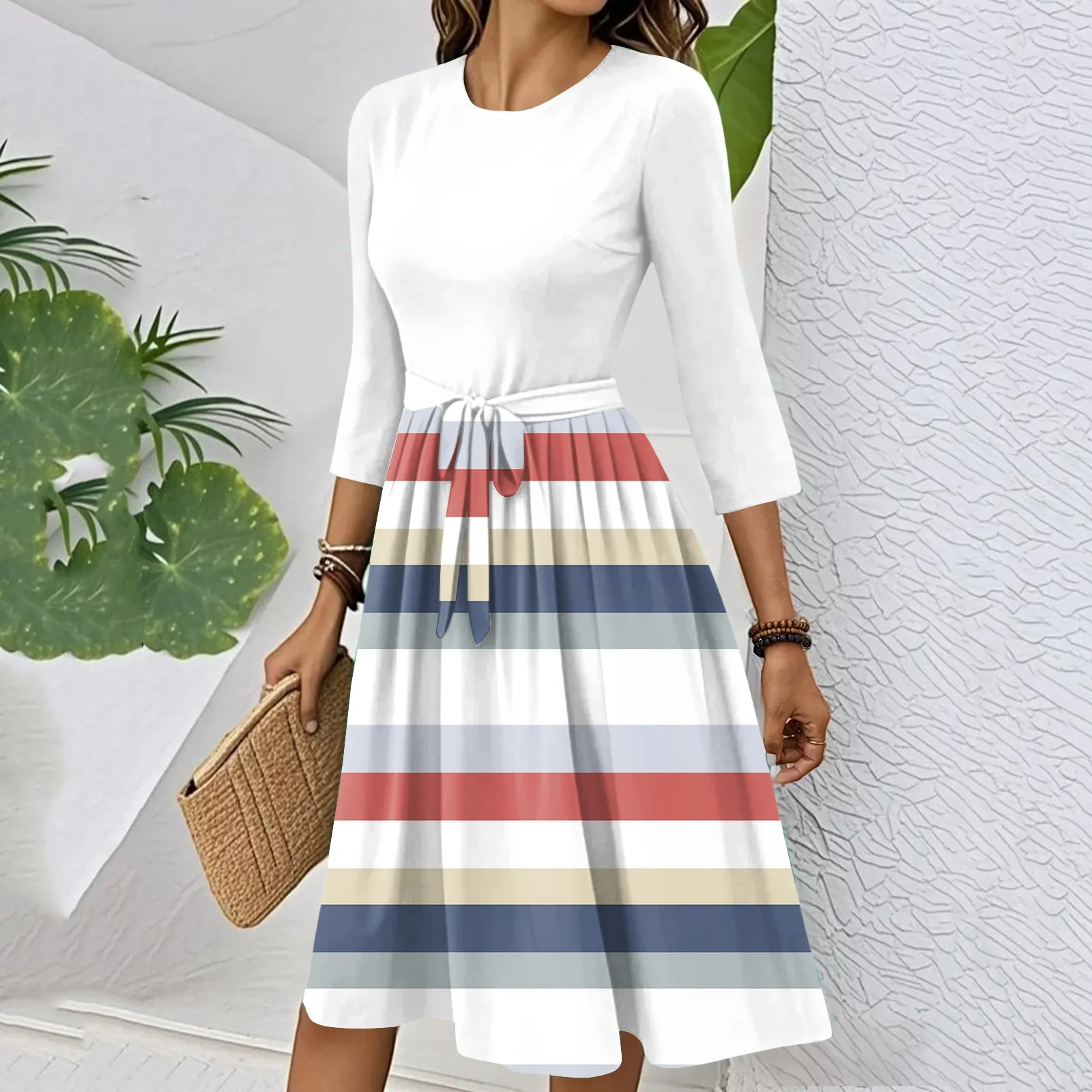 

Women'S Fashion Casual Waistband Seven Sleeve Round Neck Striped Flowy Dresses New In Dresses Vestidos De Verano Maxi Dress