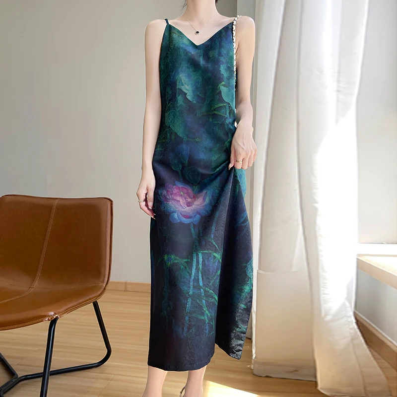 New Jacquard V-neck Sling Dress in Summer Women's New Chinese Acetic Satin Long Dress Suit with Bottom Skirt