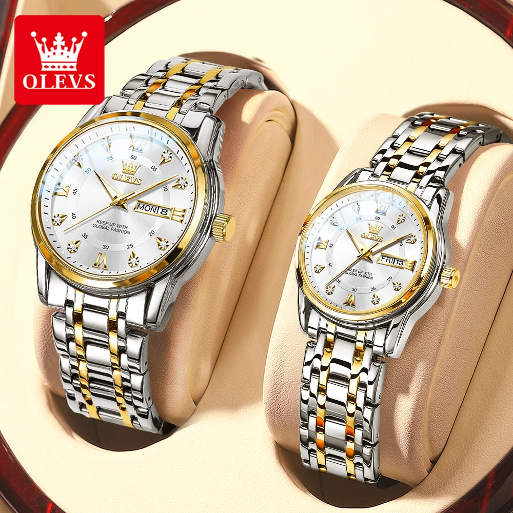 Olevs 5513 Fashion Couple Horloge Roestvrij Staal Waterdichte Dubbele Kalender Trendy Quartz Horloge Voor Mannen En Vrouwen Origineel Horloge