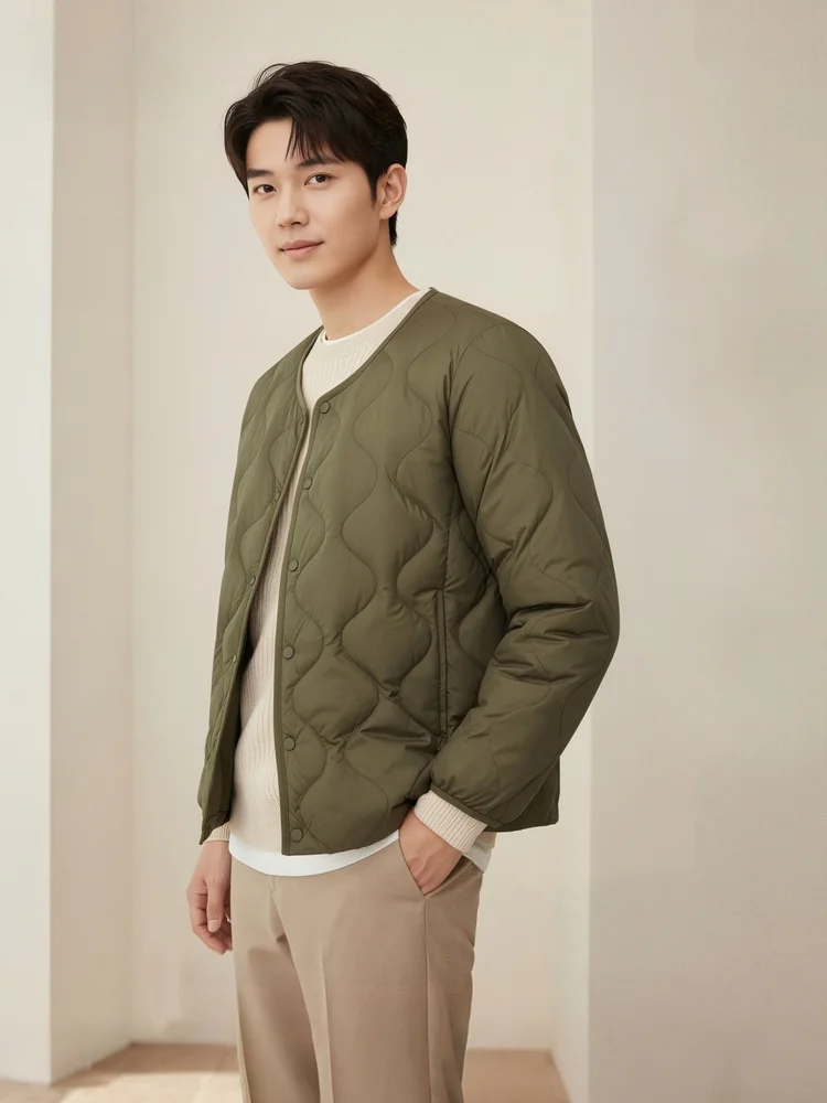 

Snow Flng 2026 Spring Autumn Men's ort round Ne down Underwear Versatile Thin Faion Japanese Sle Inner Core Faion...