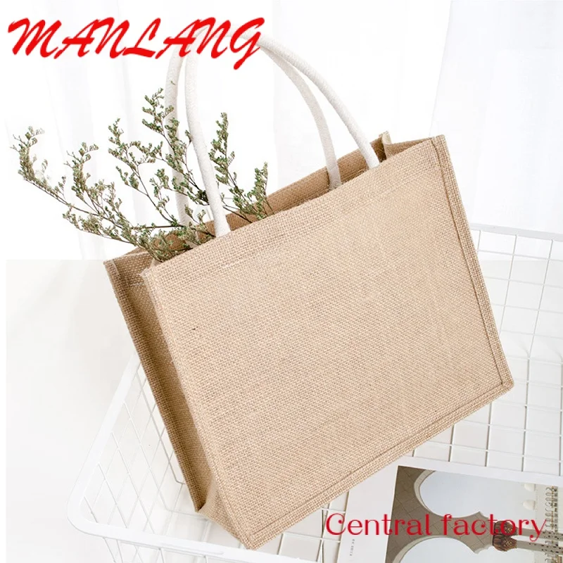 Eco Vriendelijke Custom Gedrukt Logo Vierkante Vorm Strand Totebag Gelamineerd Canvas Katoen Winkelen Jute Draagtas