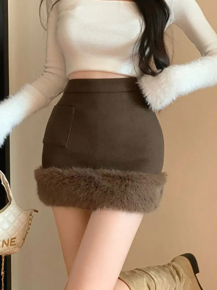 Fur Women\'s Autumn Fragrant Wind Woolen High Waist A-line Wrapped Hip Short Skirts Black Y2k Skirt Casual Jupe Faldas Mujer