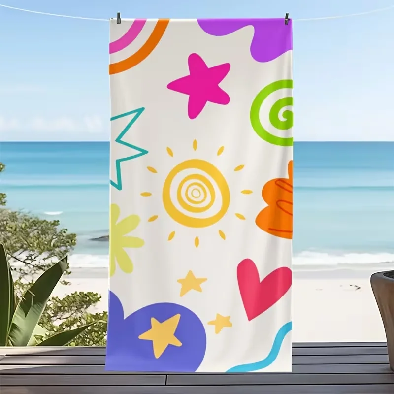 

Милое мультяшное пляжное полотенце с красочным принтом: солнце, звезды, сердца, радуга, граффити. Мягкое, впитывающее, быстросохнущее полотенце для летнего пляжа.