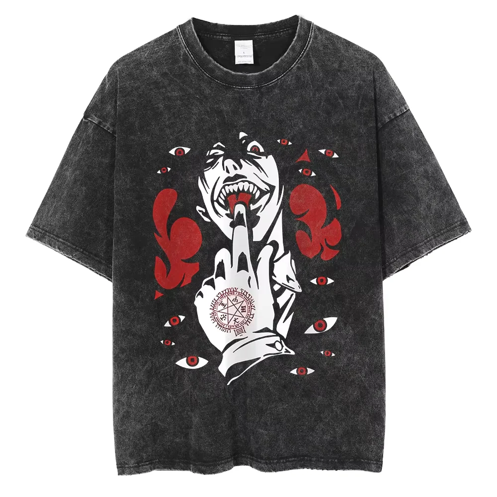 Hellsing Alucard Grafik-T-Shirt Vintage Washed Ästhetisches Harajuku Streetwear Unisex Oversized Sommer Baumwoll-Manga-T-Shirt Kleidung