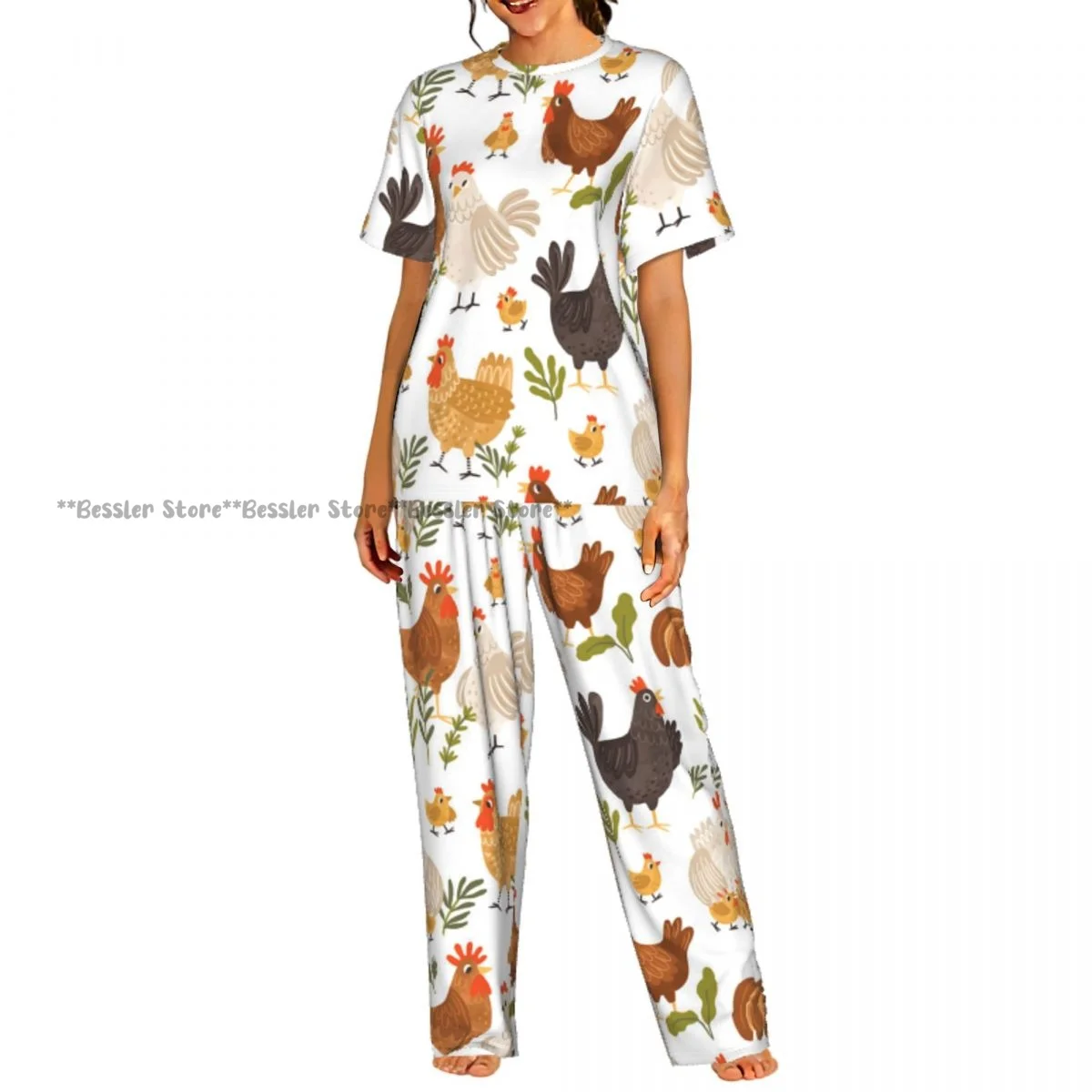 

Женский пижамный комплект с милыми изображениями петухов, цыплят, кур и растений, с короткими рукавами, 2 предмета, для дома и отдыха