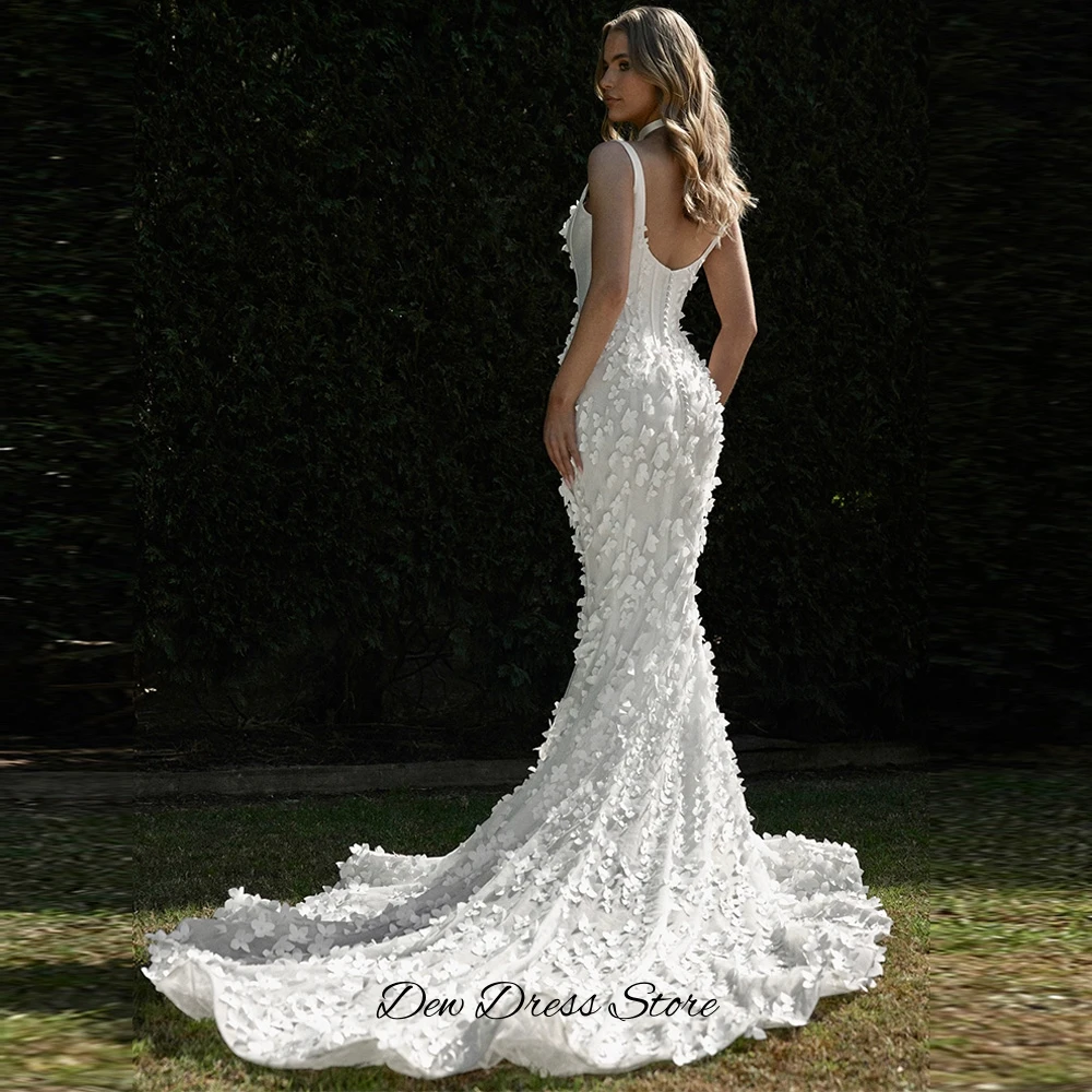 Fashion Square Collar Customized Bridal Gowns Organza Vestido De Novia with Handmade Flowers Elegant Mermaid Wedding Dress