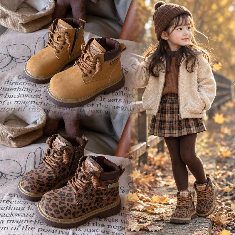Unisex Kids Chunky Ankle Boots 2026 New Winter Toddler Animal Print Leather Boots Non-slip Classic Motorcycle Style School Boots
