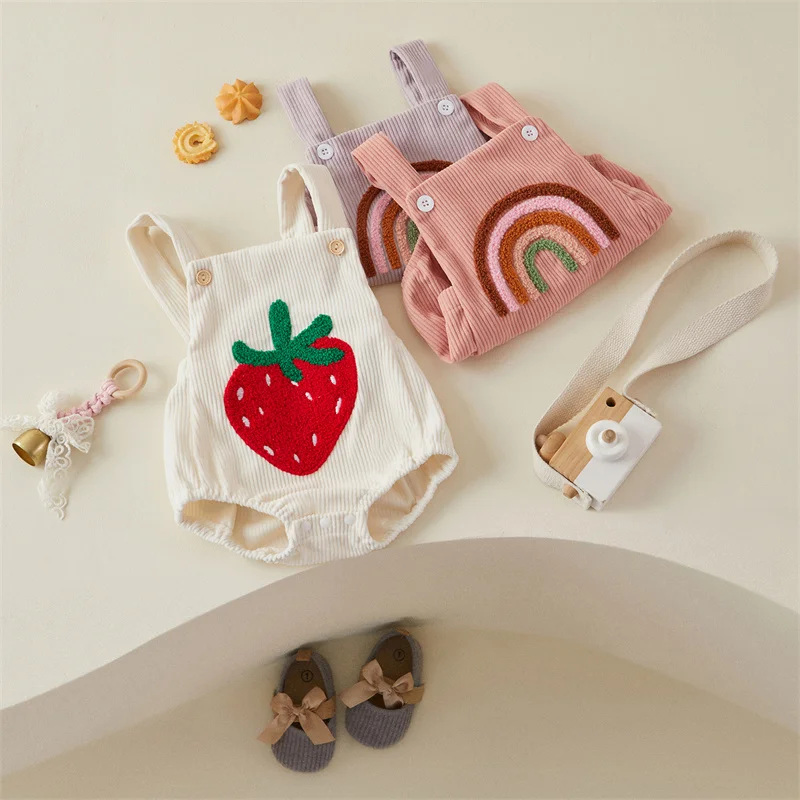 Tregren 0-18M Newborn Infant Toddler Baby Girls Romper Strawberry Rainbow Embroidery Jumpsuit Overall Summer Clothing