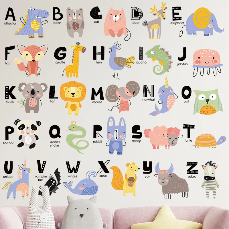 Learning English Letters With Cute Animals Wall Sticker For Kids Room Decoration Alphabet Mural Art Home Decal Nursery Poster