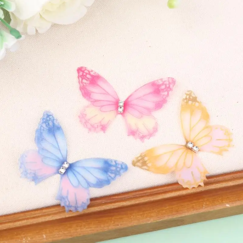 New 50Pcs 3D Organza Fabric Butterfly Appliques Gradient Color Double-layer Simulation Mesh Butterfly Patch Translucent
