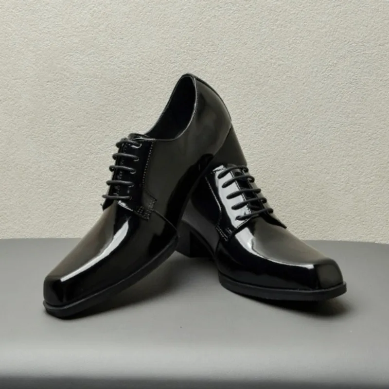 Newly Designed European-Style High-Heeled Square-Toe Leather Shoes Men Glossy Calfskin Height-Increasing Derby Shoes