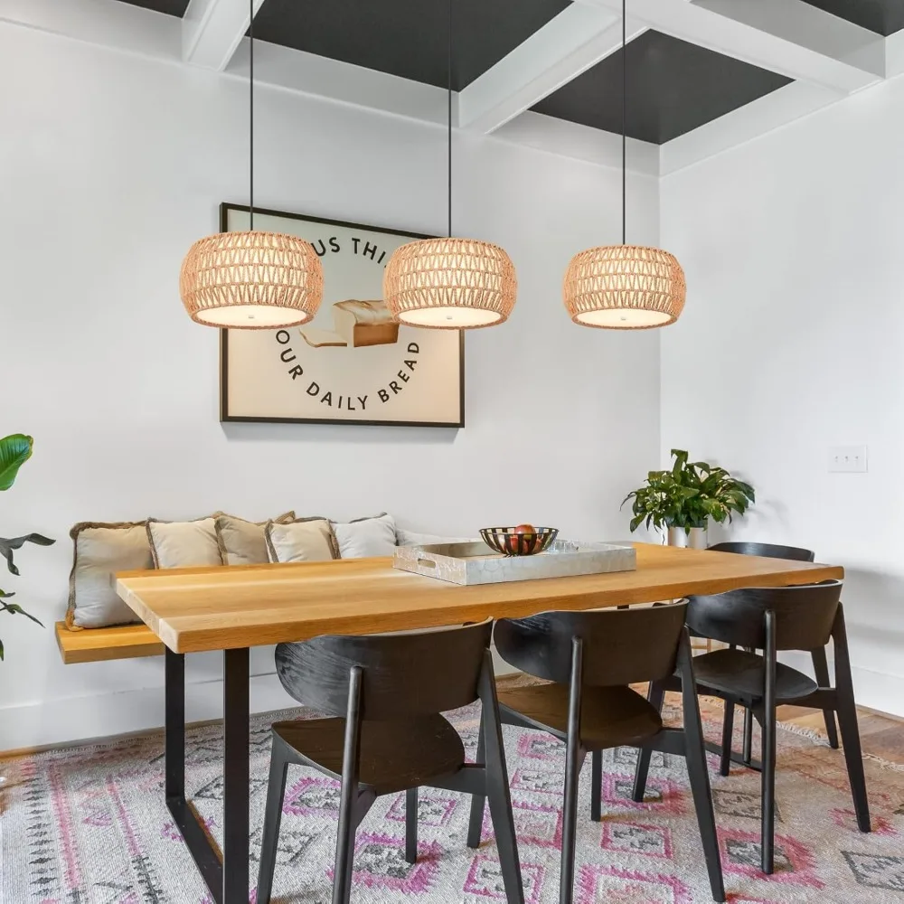 Boho Wicker Pendant Light Natual Hemp Rope Drum Ceiling Lamp Light Fixture LED Chandeliers for Dining Room Living Room Resturant