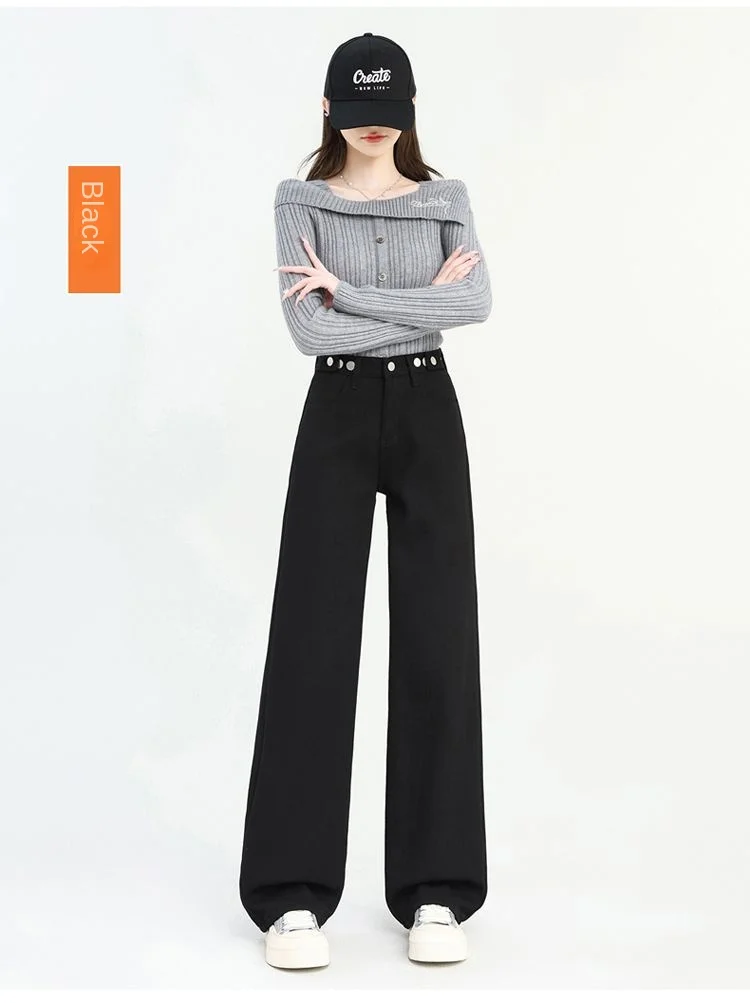 Winter Thick Warm Womens High Waist Jeans Fleece Lined Loose Fit Wide Leg Trousers Korean Style Stretchy Adjustable Waist  Jeans