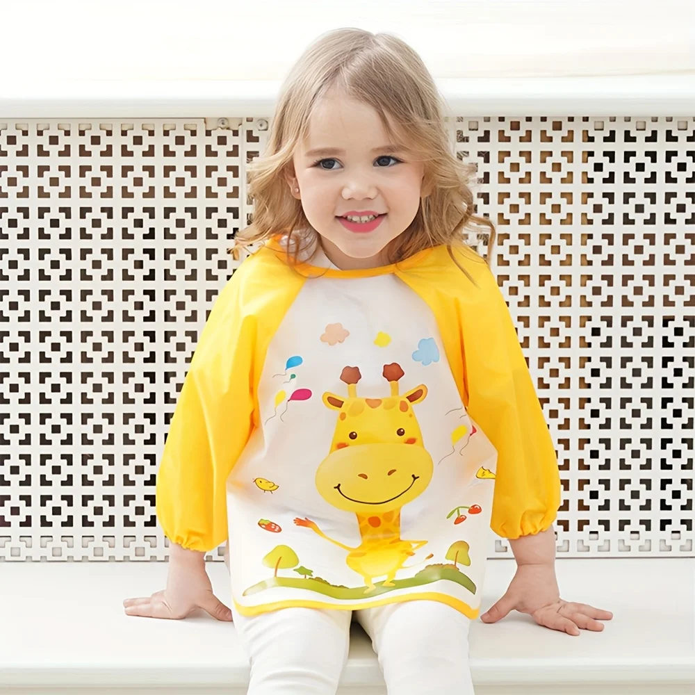 

1Pc Children's Waterproof and Dirt-Proof Eating Bib, Thin Korean-Style Baby Summer Long-Sleeved Drawing Art Cover
