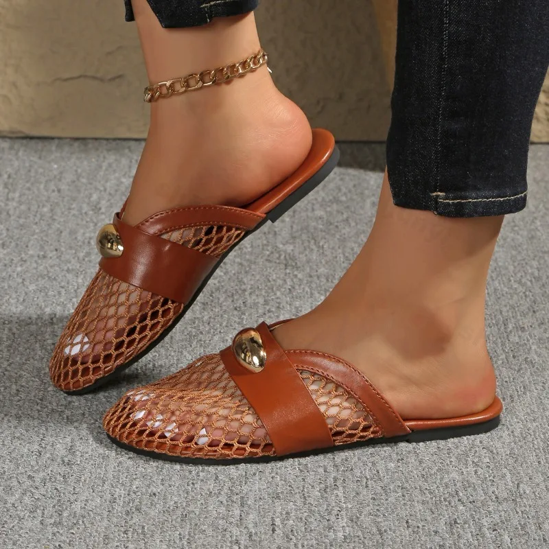 Fashion Leopard Design Casual Flat Half Slippers for Women 2025 Summer Mesh Hollow Breathable Comfortable Slip on Beach Sandals view 2