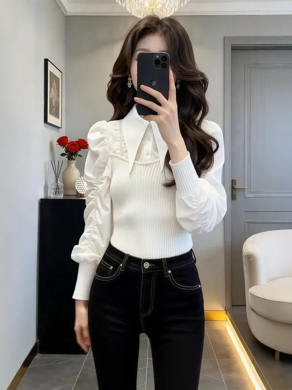 

Белая вязаная кофта в стиле пэчворк для женщин, новинка весенней коллекции, легкая роскошь, премиум-класс, уникальный дизайн, мягкий топ с длинными рукавами