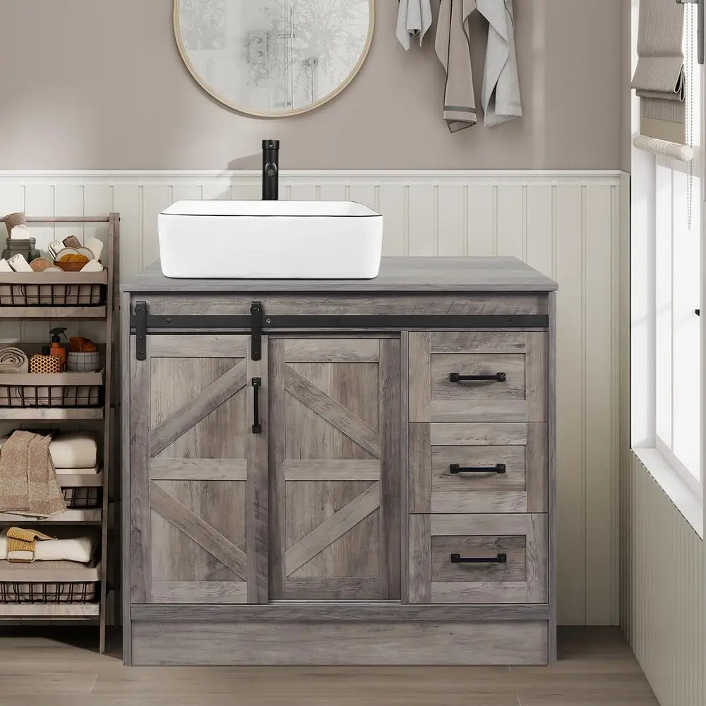 

36 Inch Barn Door Bathroom Vanity, Standing Pedestal Cabinet with Square White Ceramic Sink