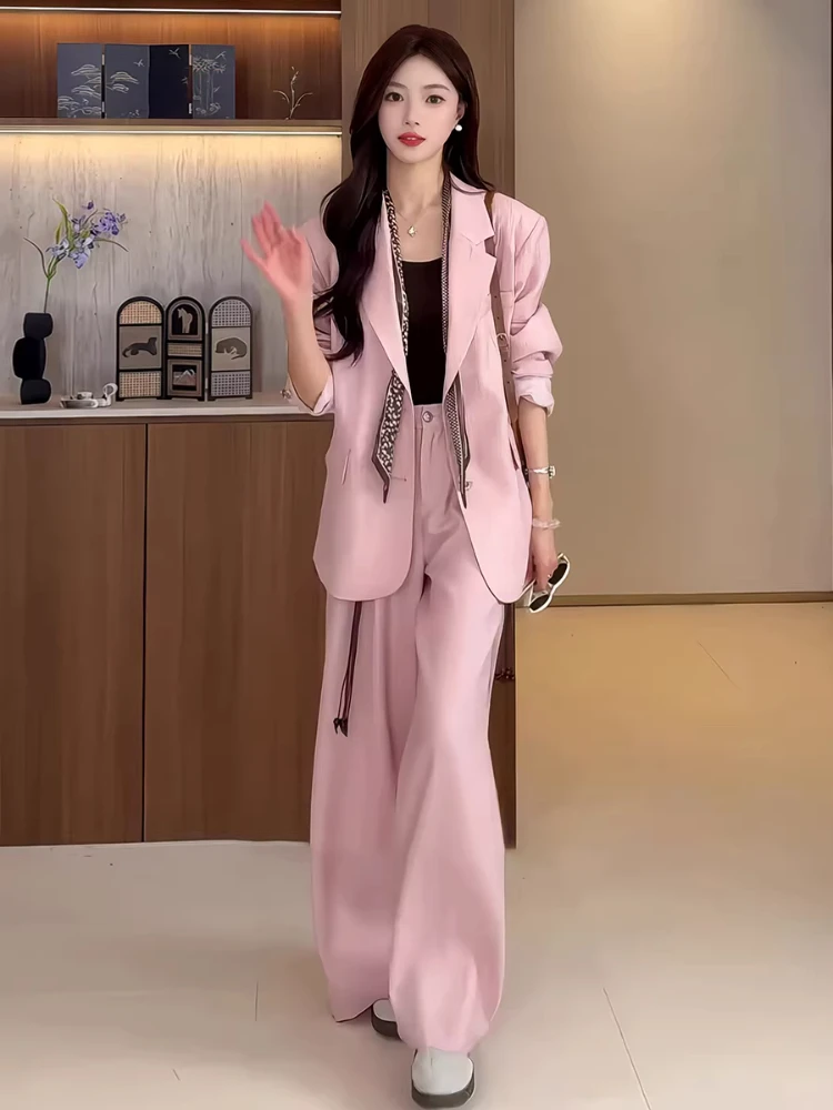 

Unique Pink Suit Two-Piece Set Women's Summer New Korean Version Leisure Slimming Suit Trendy High Waist Long Pants Casual Style