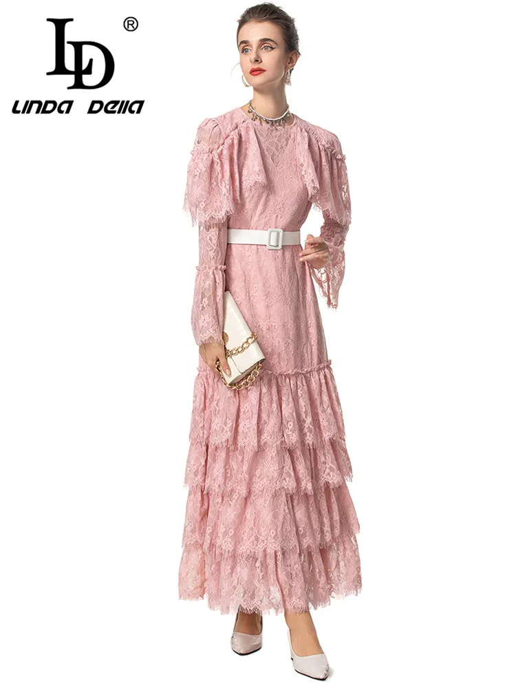 LD LINDA DELLA-Vestido chique feminino de renda, oco, babados em camadas, manga lanterna flare, cintura alta, vestidos Mixi, outono