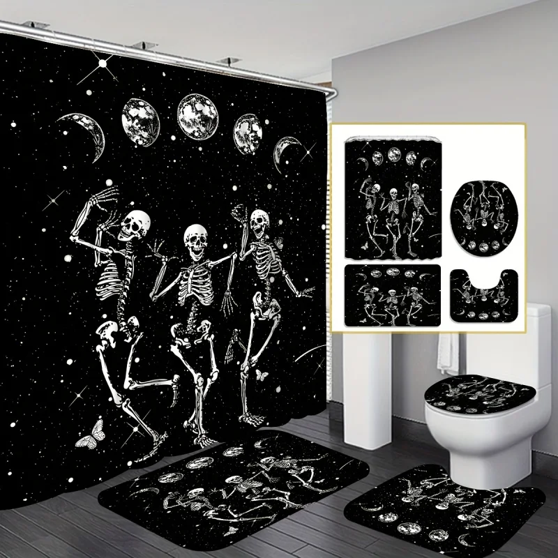 

4pcs The Horror Figure Skeleton Man Shower Curtain, Waterproof Shower Curtain With 12 Hooks, Bathroom Rug, Toilet U-Shape Mat,