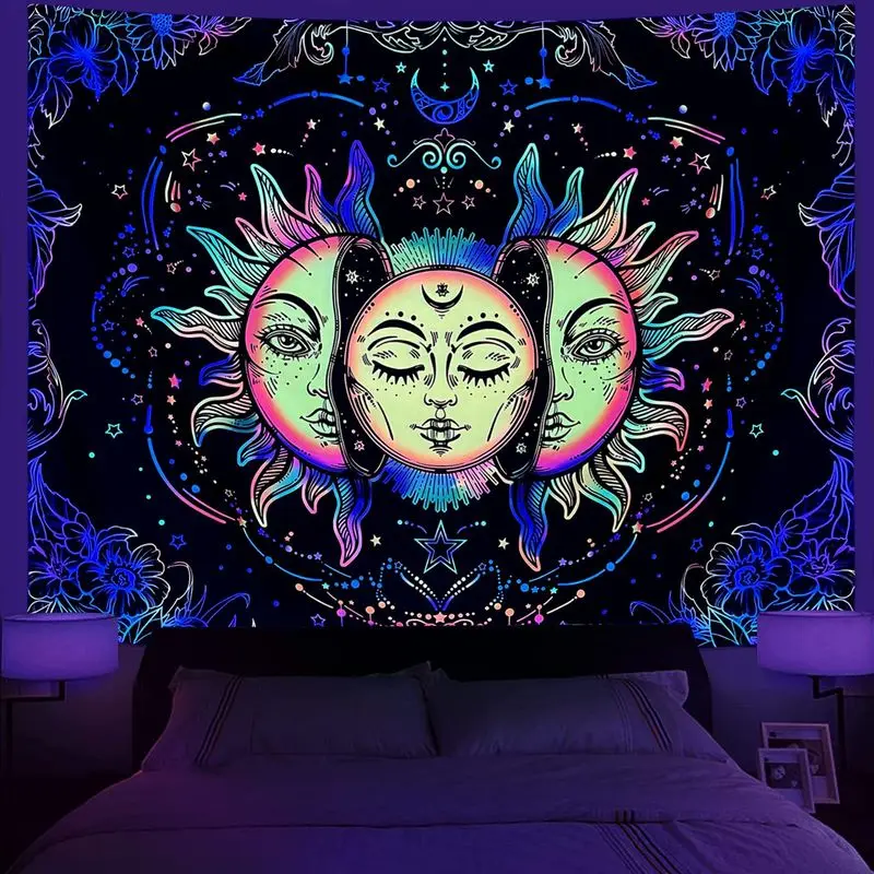 VIKAMA Fluorescent Vibrant Solar Lunar Face Floral Mandala UV Glow Tapestry Mystical Wall Mural Decor Soft Durable Cozy Gift
