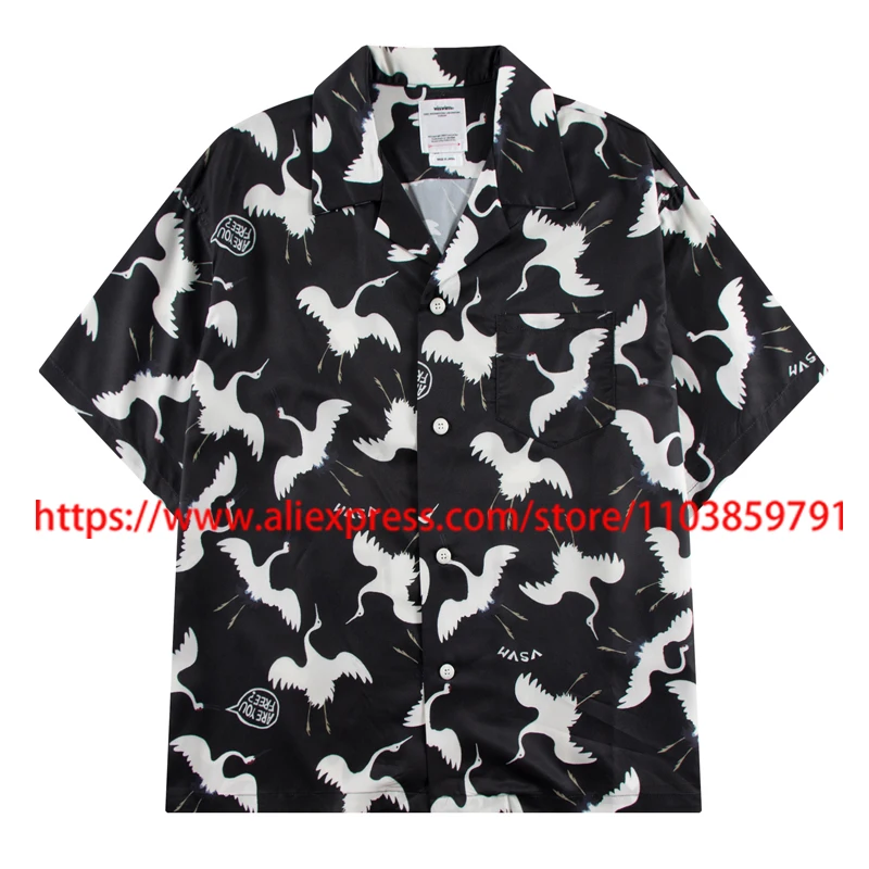 

Летние топы с красной короной и журавлем, футболка Visvim с коротким рукавом, сильная проницаемость, мужская модная однорядная рубашка с откидным воротником и пряжкой VISVIM