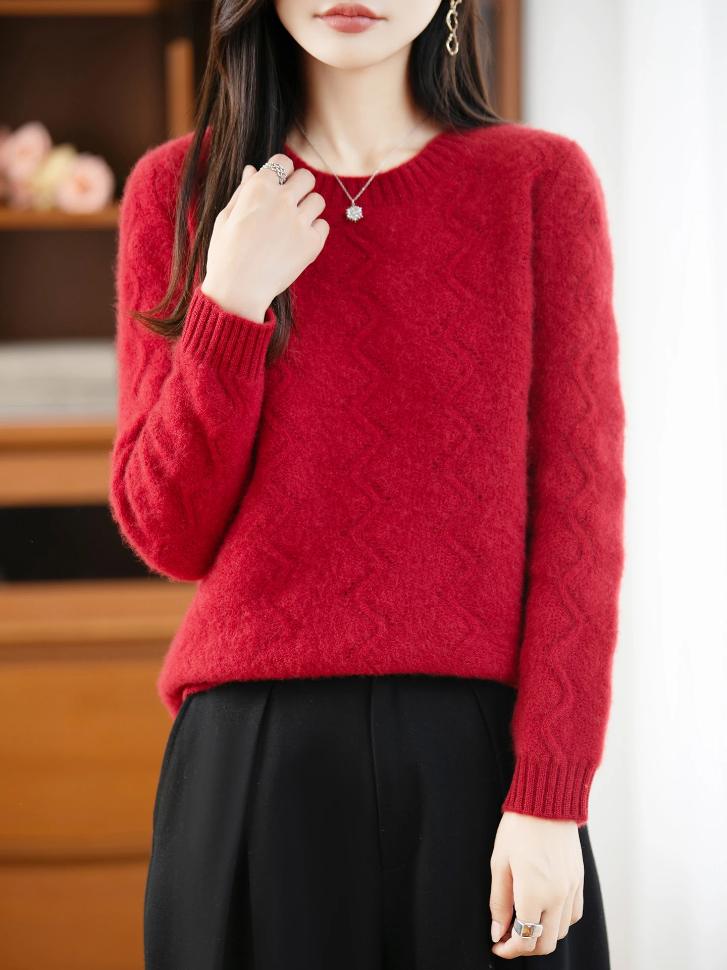 100% Merinowolle Frauen Modische Pullover Oansatz Einfarbig Welligkeit Muster Stricken Dicke Top Herbst Winter Casual Kleidung