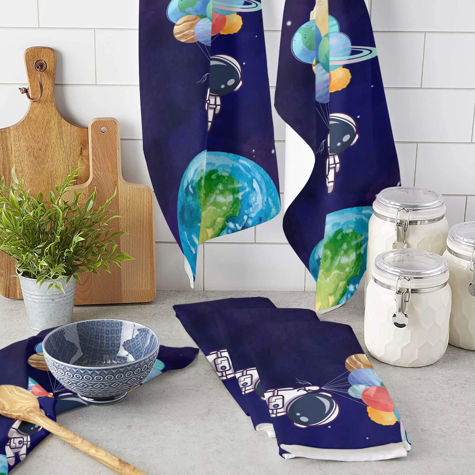 Universe Space Cartoon Earth Astronaut Balloon Tea Hand Towel Kitchen Dishcloth Water Absorption Household Cleaning Cloth