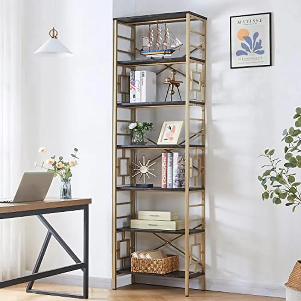 Tall 7-Tier Metal Bookcase Free Standing Storage Modern Bookshelf Home Office Living Room Industrial Style Durable Tiered Shelf