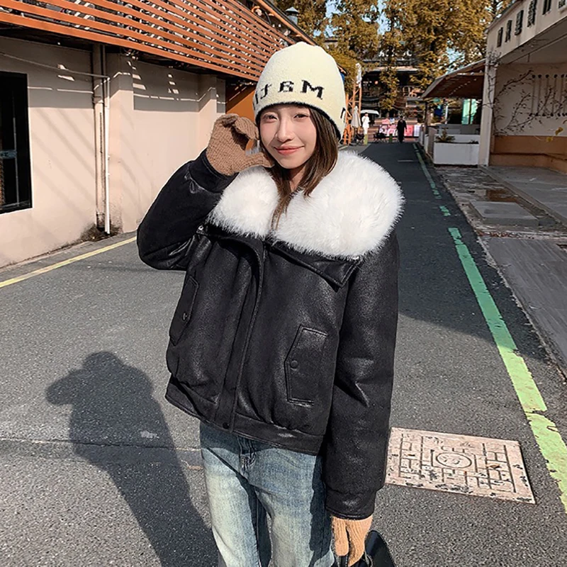 

Женская хлопковая одежда с большим меховым воротником, модная лоскутная замшевая куртка с длинными рукавами, осень-зима, повседневное короткое стеганое пальто