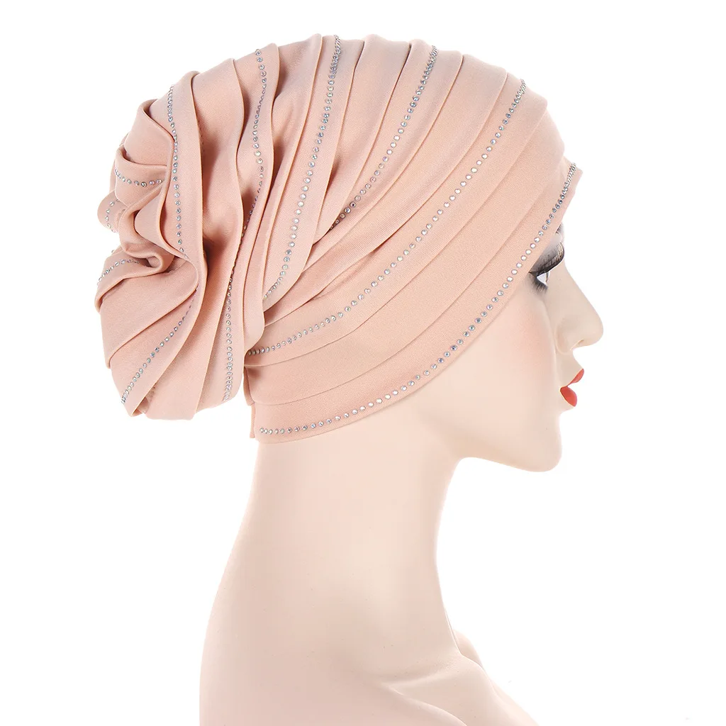 Diamonds Pleated Turban Cap for Lady African Women\'s Head Wraps Nigeria Headpiece Turbante Mujer Muslim Headscarf Hats