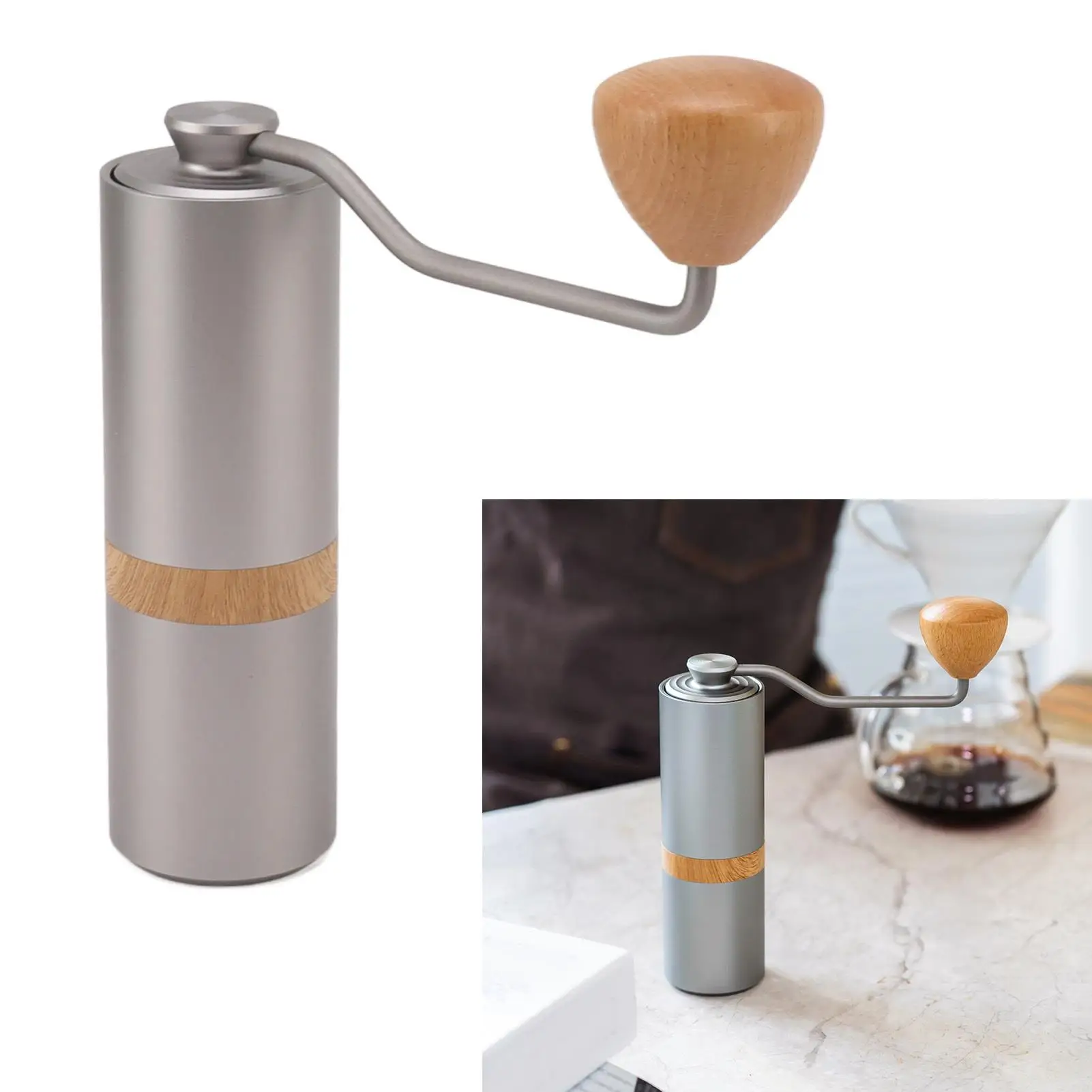 Portable Manual Coffee Grinder with Wooden Handle - Rust Resistant Stainless Steel Burrs for home & for travel