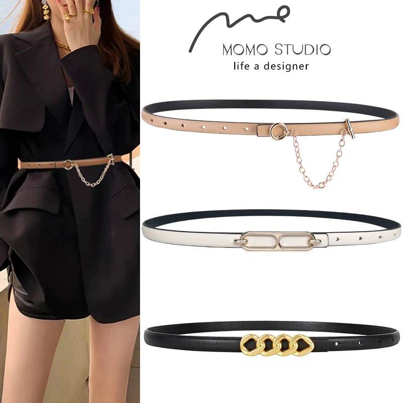 

New Women Skinny Reversible Leather Belt Two-in-One Gold Alloy Buckle Design Women's Belt for Dress Pant Coat Fashion Thin Belt