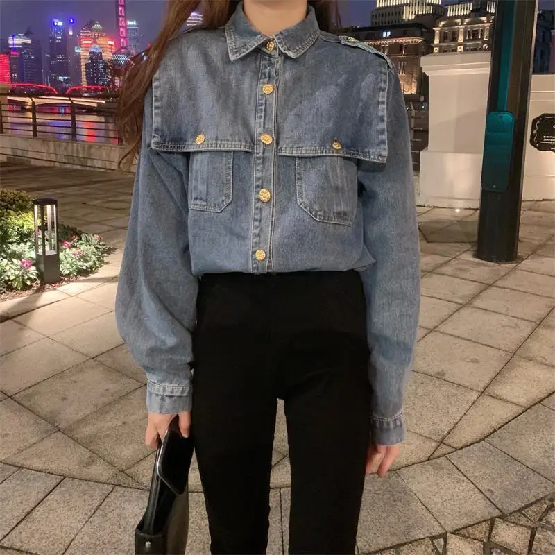 

Retro Stacked Denim Shirt for Women Spring Autumn Design New French Style Chic Top