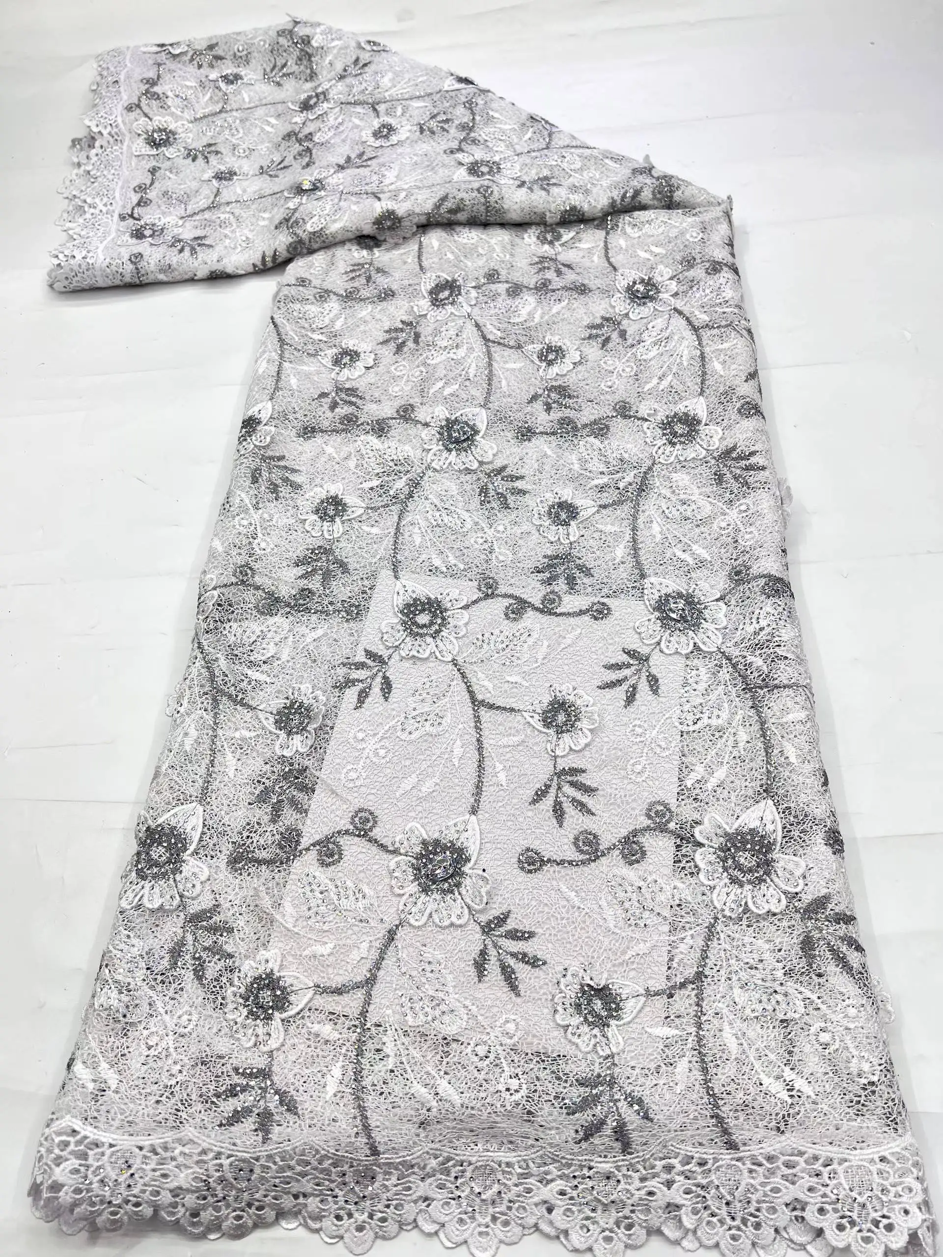 

Nigerian Lace Fabric Fashion French African Stones Mesh Lace Fabric 3D LaceFor Bridal Party Dress Sewing 5 Yards