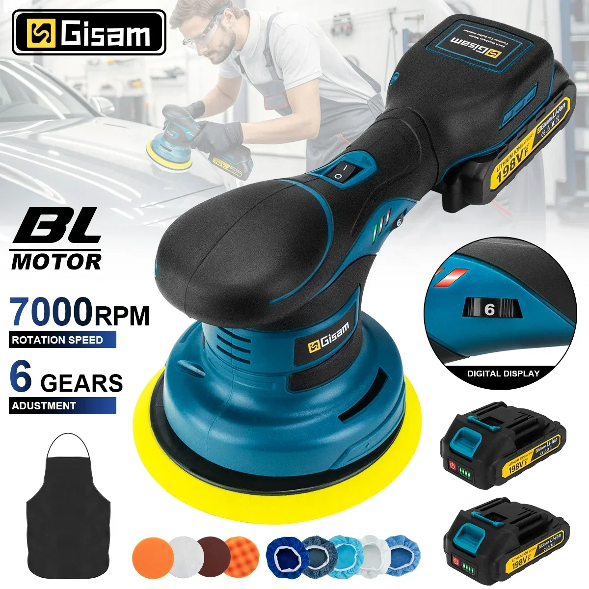 

Gisam 7000RPM Brushless Car Polisher 6Gear Wireless Car Polishing Machine Electric Polish Machines Power Tool For Makita Battery