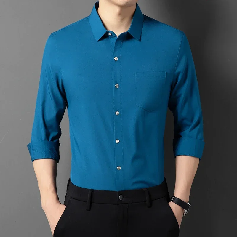 

New Men's Business Casual Long Sleeved Solid Color Shirt Wrinkle Resistant Wrinkle Free Comfortable All Season Versatile Top